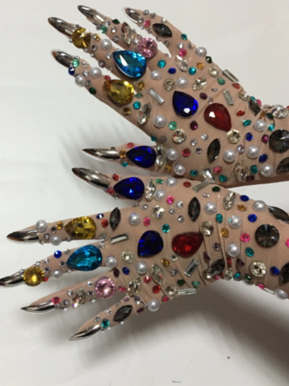Saint Chic Bedazzled Jeweled Disco Party Gloves Mesh Long Silver Nails